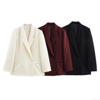 Women's Casual Blazer Jacket Loose Fit Single Button Suit Collar Mid-Length Polyester Spandex Outerwear For Office Commuting Elegant Spring Fall Top