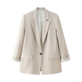 Women's Casual Blazer Jacket Solid Color Linen Texture Polyester Long Sleeve Notch Lapel Single Button Office Commute Outerwear for Ladies
