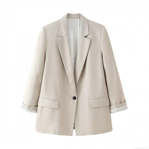 Women's Casual Blazer Jacket Solid Color Linen Texture Polyester Long Sleeve Notch Lapel Single Button Office Commute Outerwear for Ladies