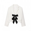 Elegant Women's Cropped Blazer Jacket With Large Contrast Bow Knot Long Sleeve Loose Fit Casual Office Outerwear White Black Patchwork Top