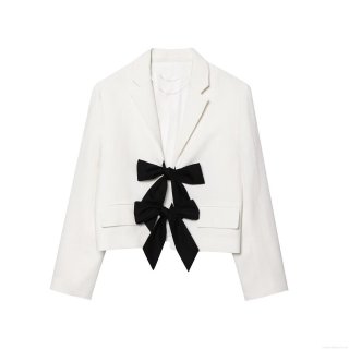 Elegant Women's Cropped Blazer Jacket With Large Contrast Bow Knot Long Sleeve Loose Fit Casual Office Outerwear White Black Patchwork Top