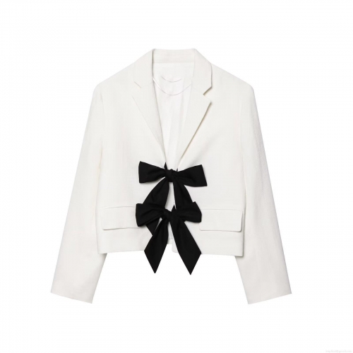 Elegant Women's Cropped Blazer Jacket With Large Contrast Bow Knot Long Sleeve Loose Fit Casual Office Outerwear White Black Patchwork Top