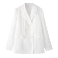 Women's Summer Elegant Jacquard Double-Breasted Blazer Casual Loose Semi-Transparent Suit Jacket White Long Sleeve Outwear For Women