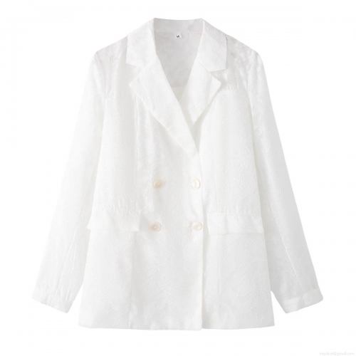 Women's Summer Elegant Jacquard Double-Breasted Blazer Casual Loose Semi-Transparent Suit Jacket White Long Sleeve Outwear For Women