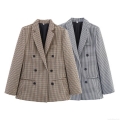 Women's Elegant Houndstooth Double Breasted Blazer Jacket 100% Polyester Loose Fit Notch Lapel Long Sleeve Suit Coat With Pockets For Commuting Office Lady