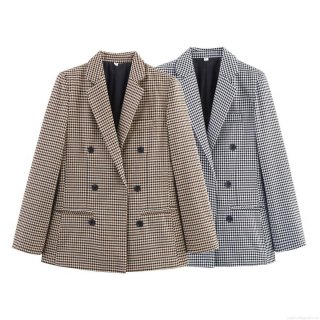 Women's Elegant Houndstooth Double Breasted Blazer Jacket 100% Polyester Loose Fit Notch Lapel Long Sleeve Suit Coat With Pockets For Commuting Office Lady
