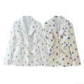 Women Floral Print Blazer Jacket Lapel Long Sleeve Tie Waist Casual Suit Jacket Elegant Office Work Wear Outerwear Polyester Spandex Ladies Coat