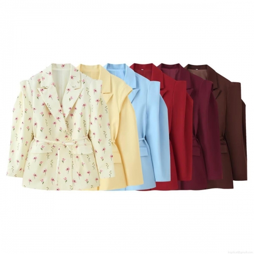 Women's Fashion Slim Fit Blazer Jacket With Tie Waist Belt Wide Shoulder Pads Solid Color Office Suit Elegant Long Sleeve Commuter Outerwear For Lady