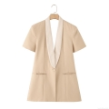 Women's Backless Short Sleeve Blazer Fashion Chic Patchwork Shawl Collar One Button Solid Color Polyester Spandex Long Suit Outerwear For Office Daily Commuting Women
