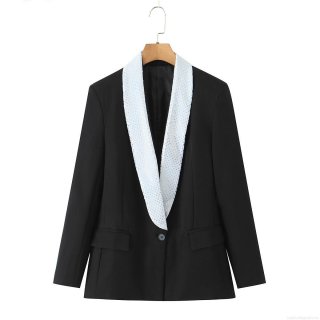 Women's Elegant Black Blazer With Contrast White Sequined Lapel Single Button Long Princess Sleeve Fashion Office Work Party Jacket For Women
