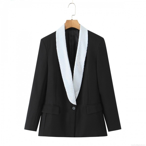 Women's Elegant Black Blazer With Contrast White Sequined Lapel Single Button Long Princess Sleeve Fashion Office Work Party Jacket For Women