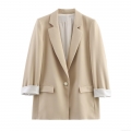 Women's Fashion Casual Blazer Notched Lapel One Button Suit Jacket Office Work Wear With Striped Cuffs Elegant Loose Fit Outerwear Polyester Spandex Blend Solid Color Blazer