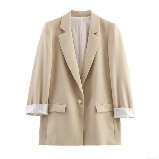 Women's Fashion Casual Blazer Notched Lapel One Button Suit Jacket Office Work Wear With Striped Cuffs Elegant Loose Fit Outerwear Polyester Spandex Blend Solid Color Blazer