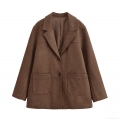 Women's Fashion Suede Blazer Casual Loose Deep Brown Long Sleeve Jacket For Commuter Office Autumn Winter Solid Color Lapel Outerwear With Double Pockets