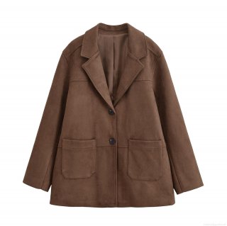 Women's Fashion Suede Blazer Casual Loose Deep Brown Long Sleeve Jacket For Commuter Office Autumn Winter Solid Color Lapel Outerwear With Double Pockets
