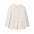 Elegant Women's Collarless Blazer Jacket Single Breasted Covered Buttons Solid Cream White Commute Office Wear Polyester Spandex Blend Autumn Outerwear With Flap Pockets