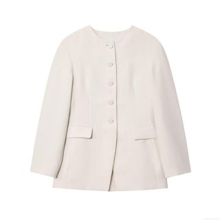 Elegant Women's Collarless Blazer Jacket Single Breasted Covered Buttons Solid Cream White Commute Office Wear Polyester Spandex Blend Autumn Outerwear With Flap Pockets