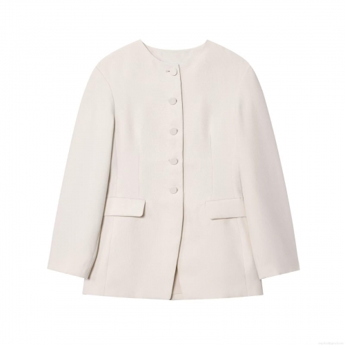 Elegant Women's Collarless Blazer Jacket Single Breasted Covered Buttons Solid Cream White Commute Office Wear Polyester Spandex Blend Autumn Outerwear With Flap Pockets