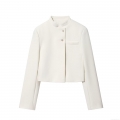 Women's Elegant Minimalist White Short Blazer Jacket Stand Collar Single Breasted Long Sleeve Commuter Office Lady Outerwear Top