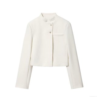 Women's Elegant Minimalist White Short Blazer Jacket Stand Collar Single Breasted Long Sleeve Commuter Office Lady Outerwear Top