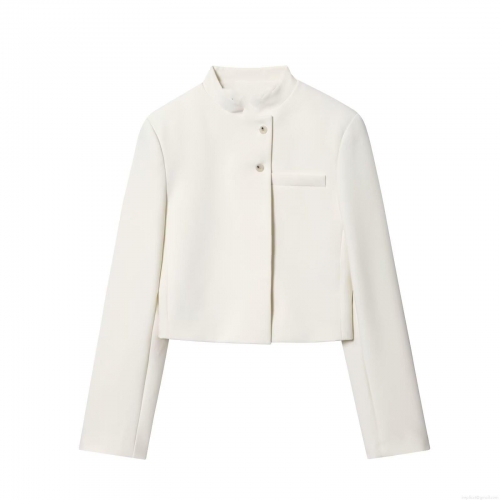 Women's Elegant Minimalist White Short Blazer Jacket Stand Collar Single Breasted Long Sleeve Commuter Office Lady Outerwear Top