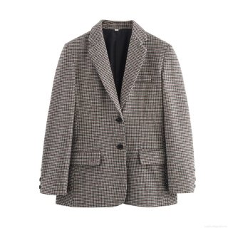 Women's Elegant Houndstooth Blazer Jacket Single Breasted Lapel Collar With Pockets Loose Fit Polyester Outerwear For Office Work Commute Autumn Winter