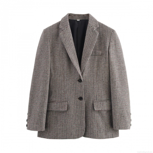 Women's Elegant Houndstooth Blazer Jacket Single Breasted Lapel Collar With Pockets Loose Fit Polyester Outerwear For Office Work Commute Autumn Winter