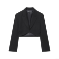 Women's Short Blazer Jacket With Padded Shoulders Pleated Open Front V Neck Long Sleeve Acrylic Woven Suit Coat For Office Business Casual Workwear