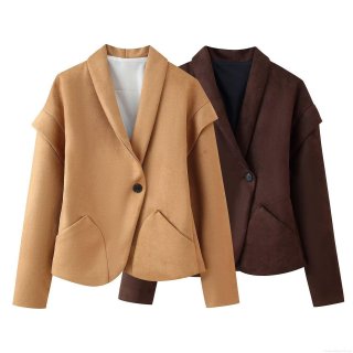 Women's Faux Suede Blazer Jacket Elegant V-Neck Single Button Short Coat Casual Office Wear Autumn Fashion Outerwear Versatile Solid Color Top