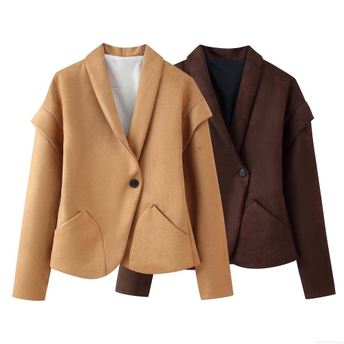 Women's Faux Suede Blazer Jacket Elegant V-Neck Single Button Short Coat Casual Office Wear Autumn Fashion Outerwear Versatile Solid Color Top