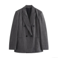 Women's Elegant Double Breasted Blazer Jacket With Shoulder Pads Graphite Grey Heather Twill Notch Lapel Long Sleeve Regular Fit Commute Office Work Outerwear For Women