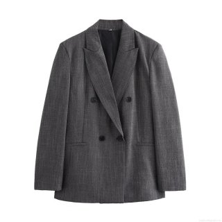 Women's Elegant Double Breasted Blazer Jacket With Shoulder Pads Graphite Grey Heather Twill Notch Lapel Long Sleeve Regular Fit Commute Office Work Outerwear For Women