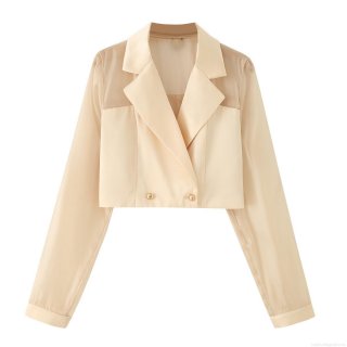 Women's Elegant Short Satin Blazer Jacket With Sheer Mesh Splicing Long Sleeve Double Breasted Gold Buttons Slim Fit Office Lady Outwear