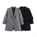Women's Casual Blazers Ruched Sleeve Notch Lapel Suit Jacket Single Breasted Work Office Blazer Outerwear For Fall Winter Ladies