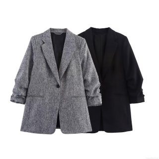 Women's Casual Blazers Ruched Sleeve Notch Lapel Suit Jacket Single Breasted Work Office Blazer Outerwear For Fall Winter Ladies