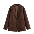 Women's Loose Faux Suede Blazer Jacket Elegant Lapel Button Front Long Sleeve Suit Outerwear Coat For Daily Office Autumn Winter Dark Brown