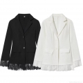 Women's Elegant Slim Fit Polyester Blazer Jacket With Exquisite Lace Patchwork Hem Cuffs Single Breasted Suit Collar Long Sleeve Outerwear For Office