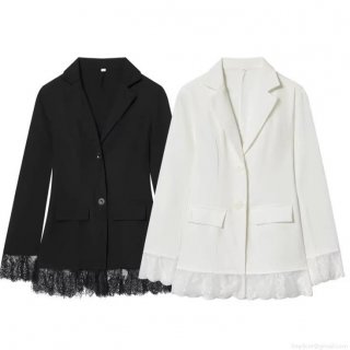 Women's Elegant Slim Fit Polyester Blazer Jacket With Exquisite Lace Patchwork Hem Cuffs Single Breasted Suit Collar Long Sleeve Outerwear For Office