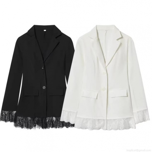 Women's Elegant Slim Fit Polyester Blazer Jacket With Exquisite Lace Patchwork Hem Cuffs Single Breasted Suit Collar Long Sleeve Outerwear For Office
