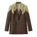 Women's Fashion Patchwork Color Block Blazer Notch Lapel Long Sleeve Single Breasted Jacket For Office Business Casual Commute Elegant Outerwear Coat