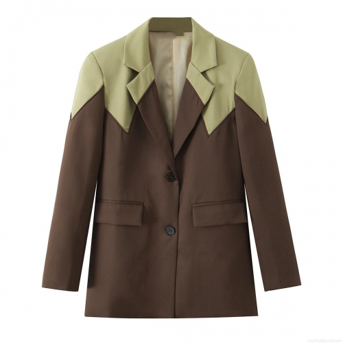 Women's Fashion Patchwork Color Block Blazer Notch Lapel Long Sleeve Single Breasted Jacket For Office Business Casual Commute Elegant Outerwear Coat
