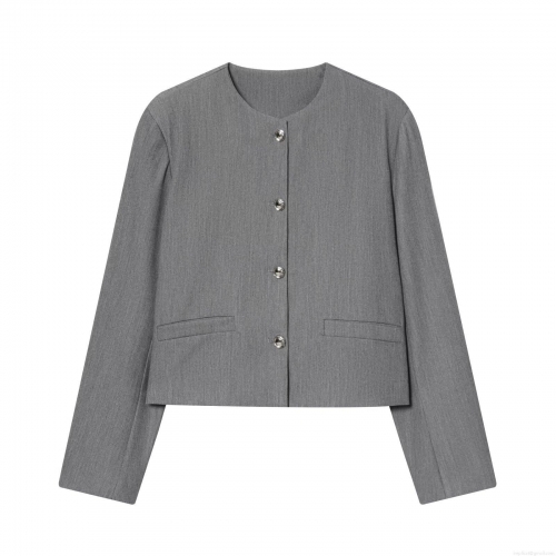 Women's Round Neck Short Blazer Jacket Elegant Korean Style Office Commute Polyester Spandex Twill Outerwear Single Breasted Long Sleeve Jacket With Silver Metal Buttons Autumn Winter Casual Blazers For Women