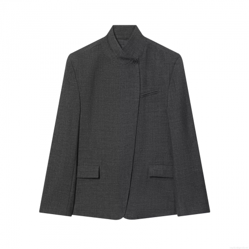 Women's Elegant Stand Collar Oblique Placket Blazer Jacket Woolen-like TR Fabric Dark Gray Business Casual Professional Work Wear Outerwear Coat