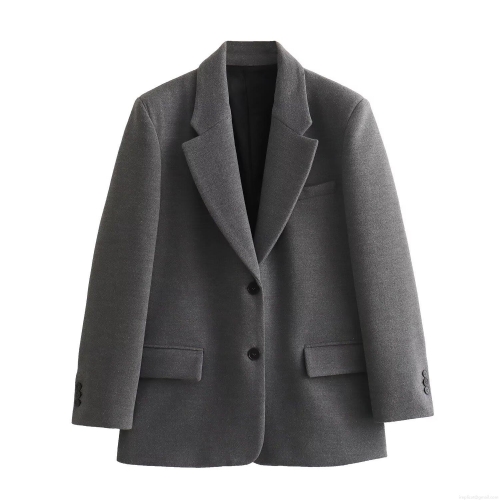 Women's Elegant Woolen Suit Jacket With Shoulder Pads Loose Oversized Solid Color Winter Blazer For Office Commute Formal Outerwear
