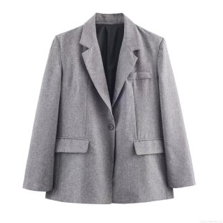 Women's Herringbone Blazer With Shoulder Pads Polyester Long Sleeve Office Suit Jacket Elegant Grey Commuter Outerwear For Ladies Business Outwear