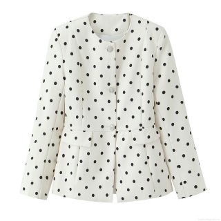 Women's Elegant Polka Dot Blazer Jacket Round Neck Rhinestone Flower Buttons Long Sleeve Office Commuter Outerwear Vintage Fashion Coats For Winter