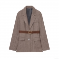 Women's Winter Herringbone Blazer Jacket With Belt Retro Brown Woolen Feel Suit Elegant Office Commute Long Sleeve Slim Fit Outerwear For Lady