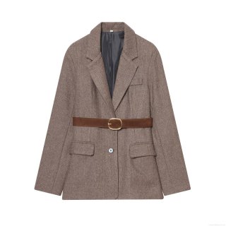 Women's Winter Herringbone Blazer Jacket With Belt Retro Brown Woolen Feel Suit Elegant Office Commute Long Sleeve Slim Fit Outerwear For Lady