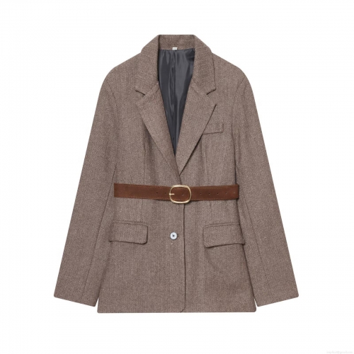 Women's Winter Herringbone Blazer Jacket With Belt Retro Brown Woolen Feel Suit Elegant Office Commute Long Sleeve Slim Fit Outerwear For Lady