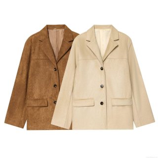 Women's Elegant Suede Texture Blazer Jacket Single Breasted Three Buttons Suit Jacket With Flap Pockets Solid Color Office Commuter Outwear Coat For Ladies